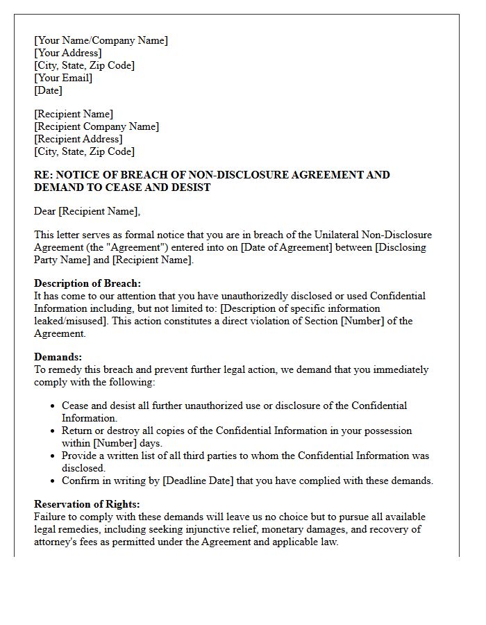 Unilateral Non-Disclosure Agreement Breach Notice and Demand Letter