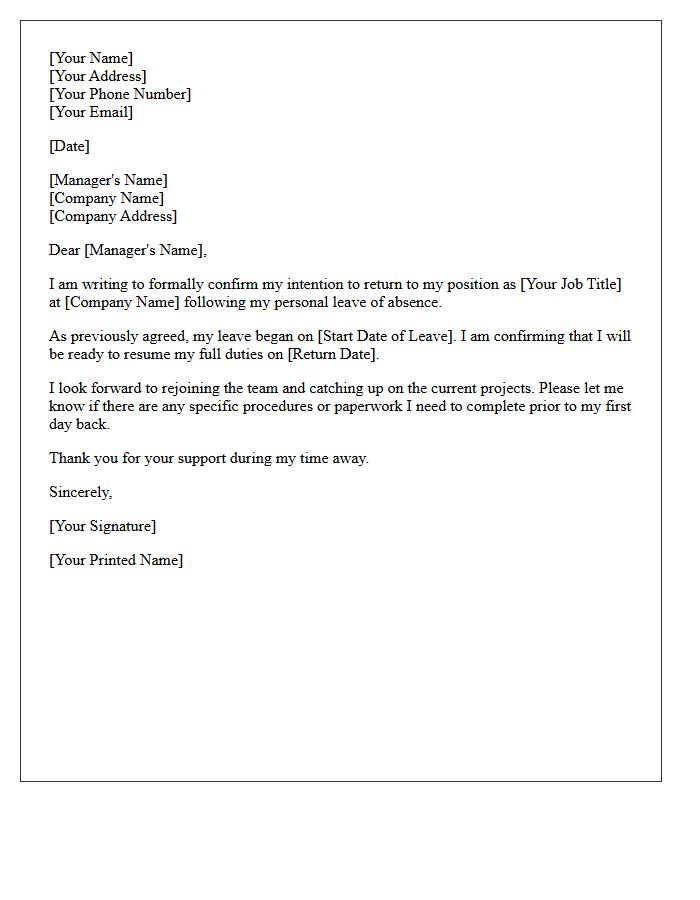 Personal Leave Of Absence Intent To Return Letter