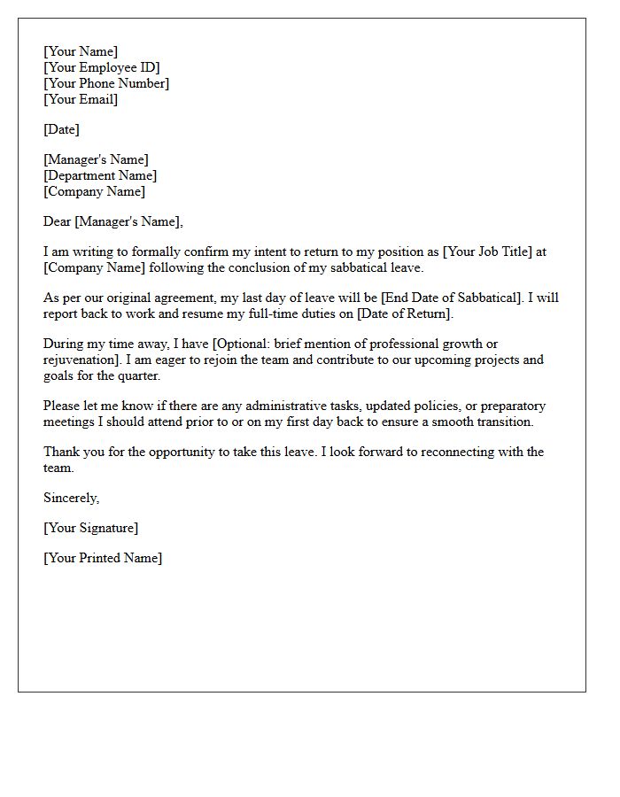 Sabbatical Intent To Return To Work Letter