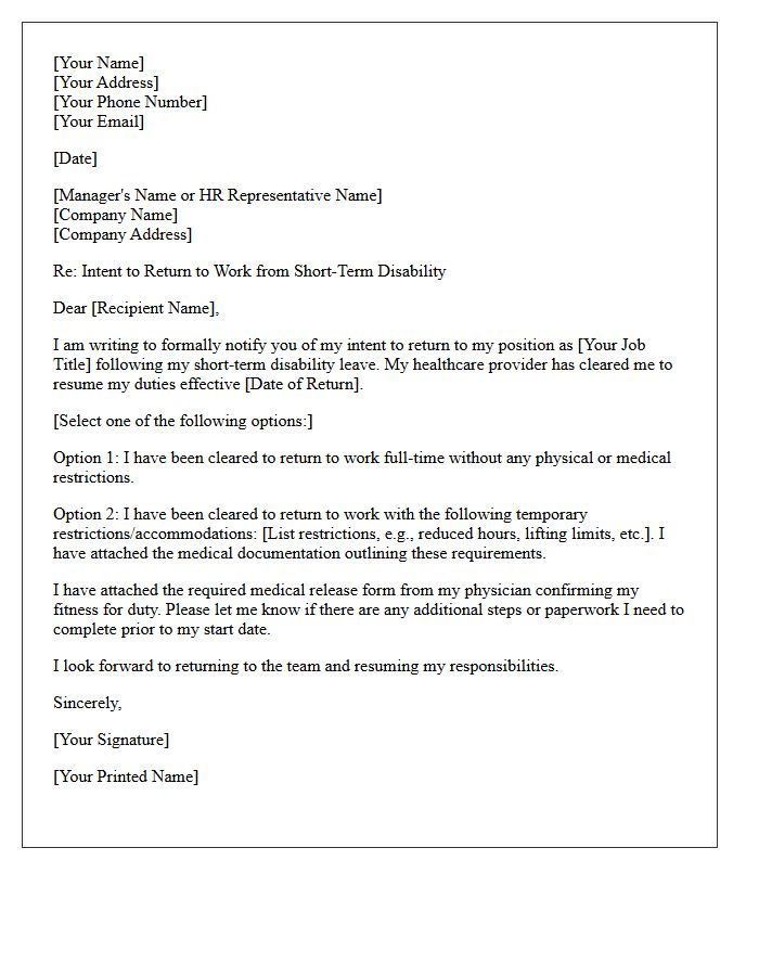 Short Term Disability Intent To Return Letter