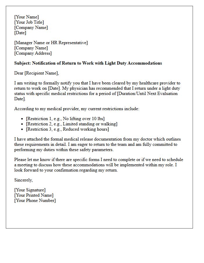 Light Duty Accommodation Return To Work Letter