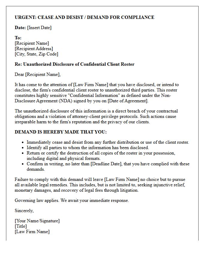 Law Firm Client Roster Leak Non-Disclosure Agreement Demand Letter
