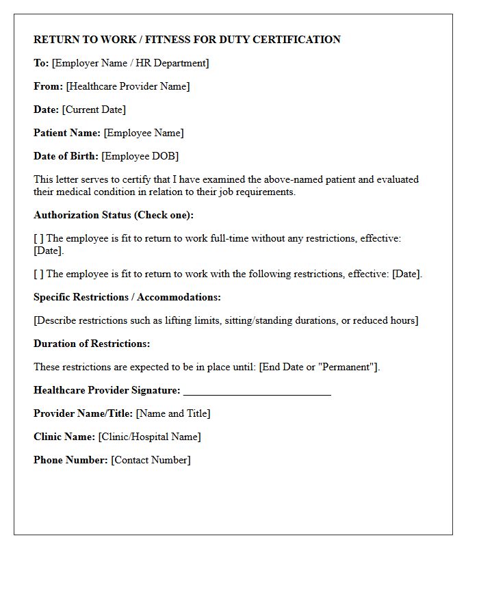 Return to Work Fitness for Duty Certification Letter