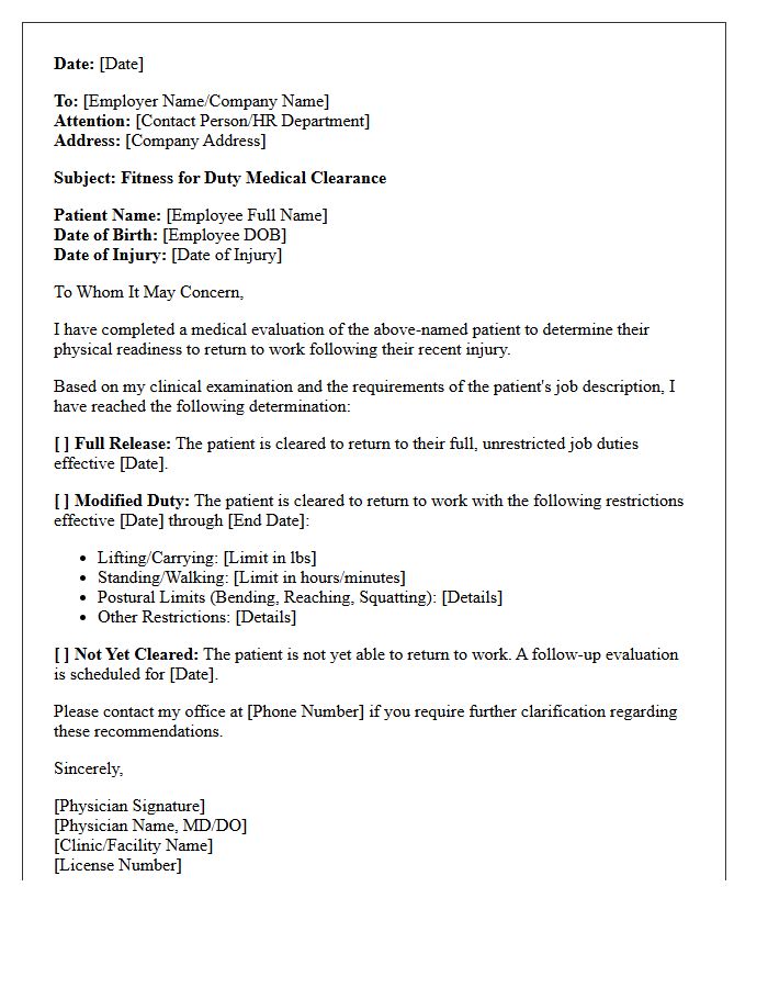 Post-Injury Fitness for Duty Medical Clearance Letter