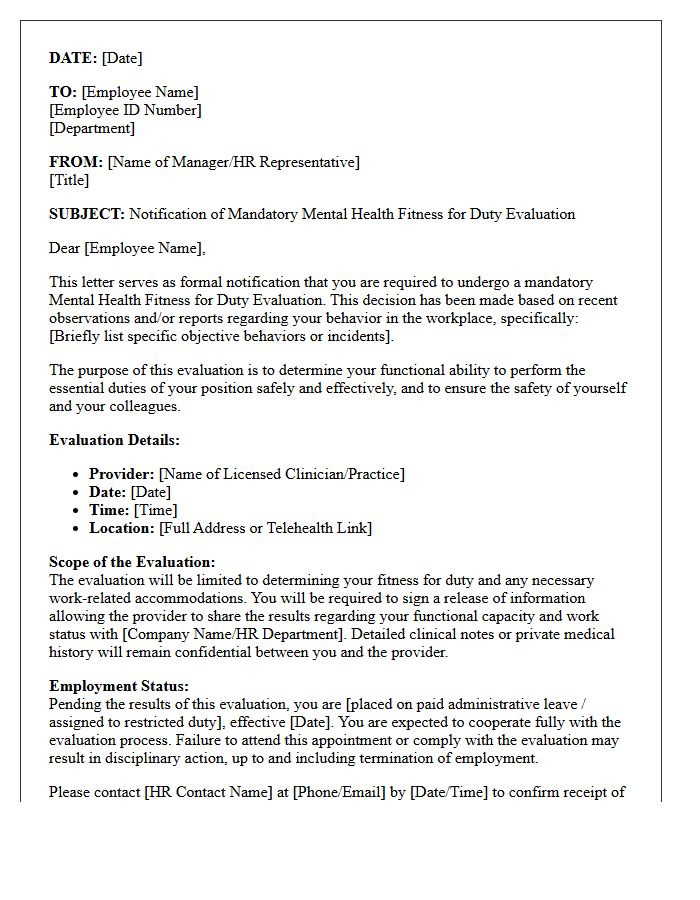 Mental Health Fitness for Duty Evaluation Letter