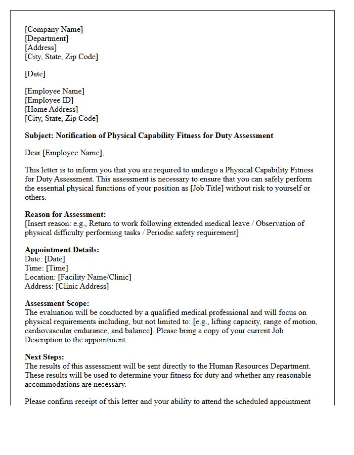 Physical Capability Fitness for Duty Assessment Letter