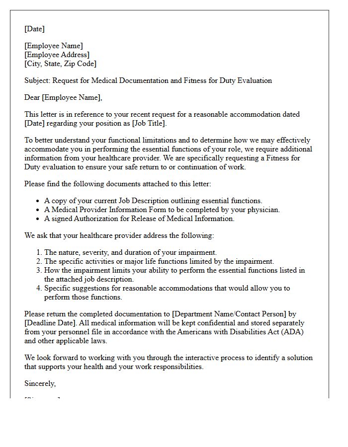 Reasonable Accommodation Fitness for Duty Request Letter