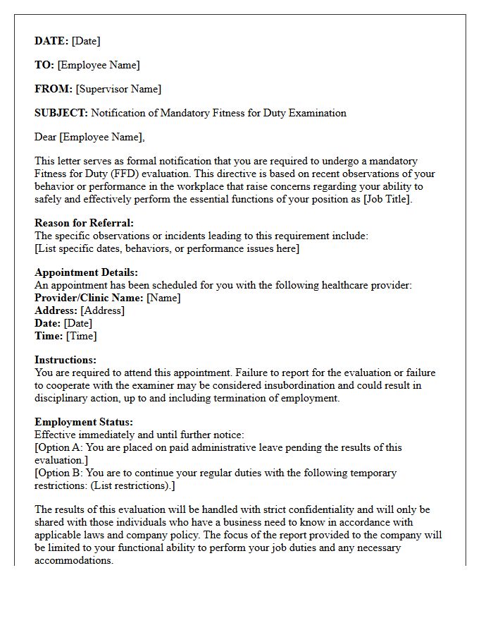 Supervisor Initiated Fitness for Duty Requirement Letter