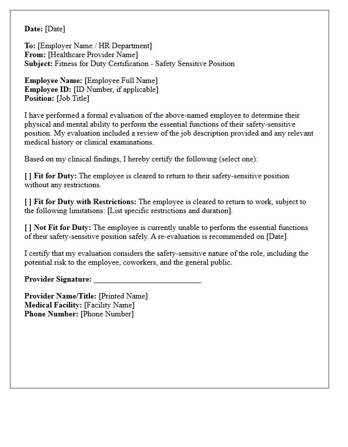 Safety Sensitive Position Fitness for Duty Certification Letter