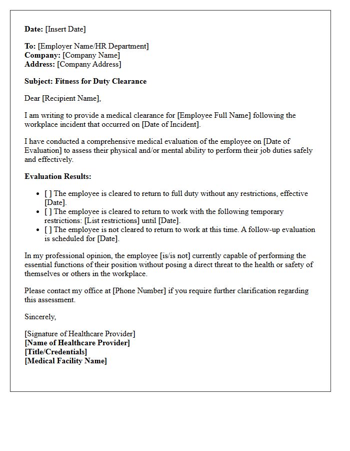 Workplace Incident Fitness for Duty Clearance Letter