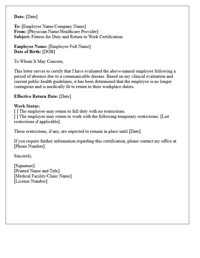 Communicable Disease Fitness for Duty Return Letter