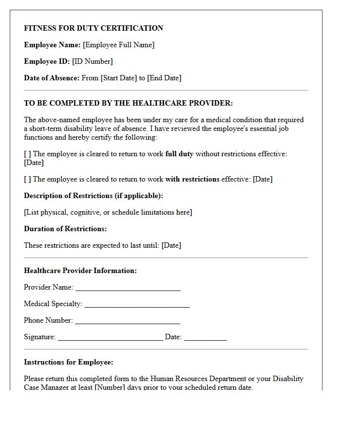 Short Term Disability Fitness for Duty Certification Letter