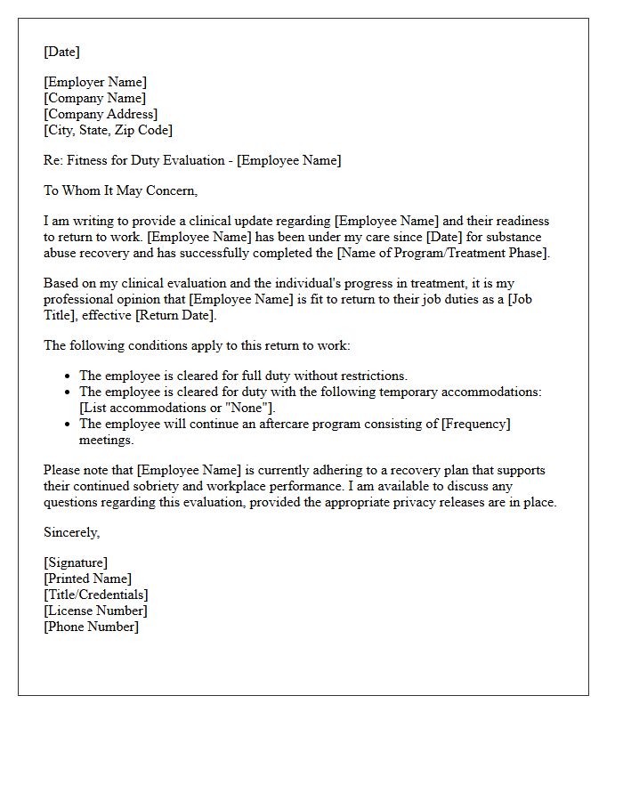 Substance Abuse Recovery Fitness for Duty Letter