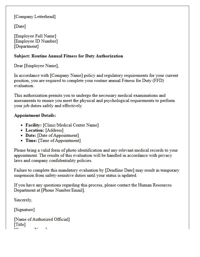 Routine Annual Fitness for Duty Authorization Letter