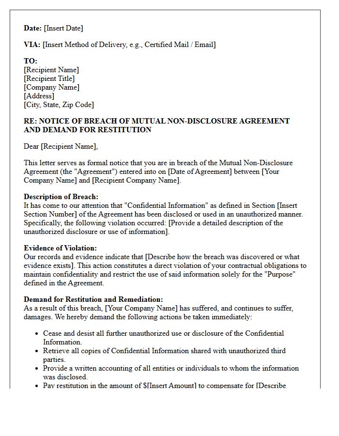 Mutual Non-Disclosure Agreement Violation and Restitution Demand Letter