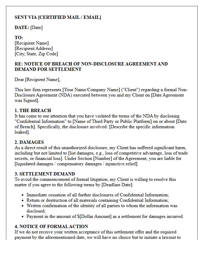 Pre-Litigation Settlement Demand Letter for Non-Disclosure Agreement Breach