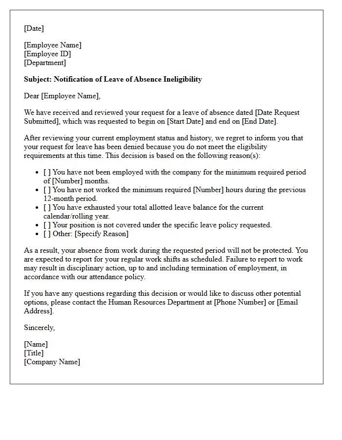 Ineligible Employee Leave of Absence Denial Letter