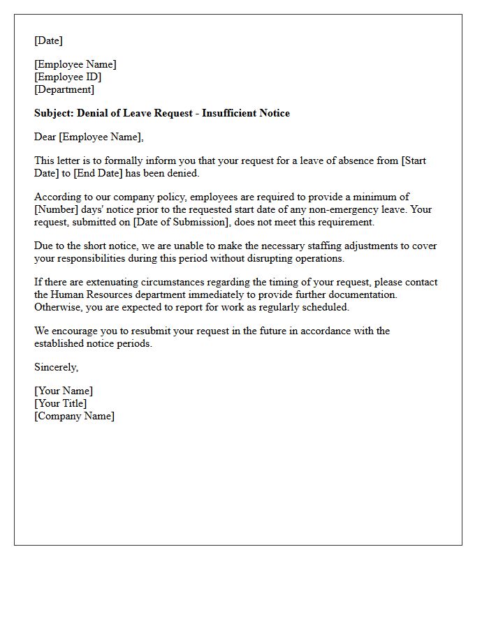 Insufficient Notice Leave of Absence Denial Letter