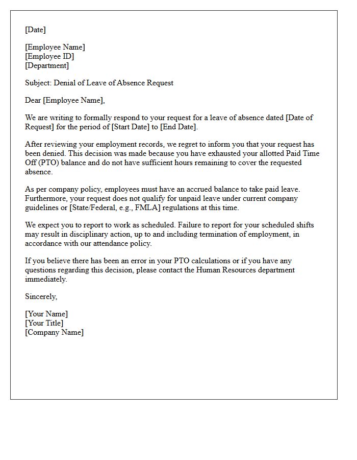Exhausted Paid Time Off Leave of Absence Denial Letter
