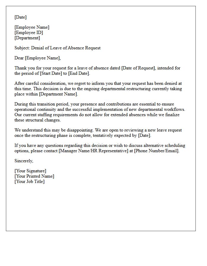 Departmental Restructuring Leave of Absence Denial Letter