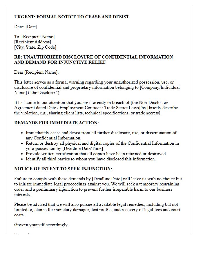 Confidential Information Disclosure Injunction Warning and Demand Letter