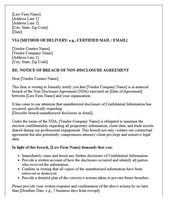 Vendor Breach of Law Firm Non-Disclosure Agreement Demand Letter