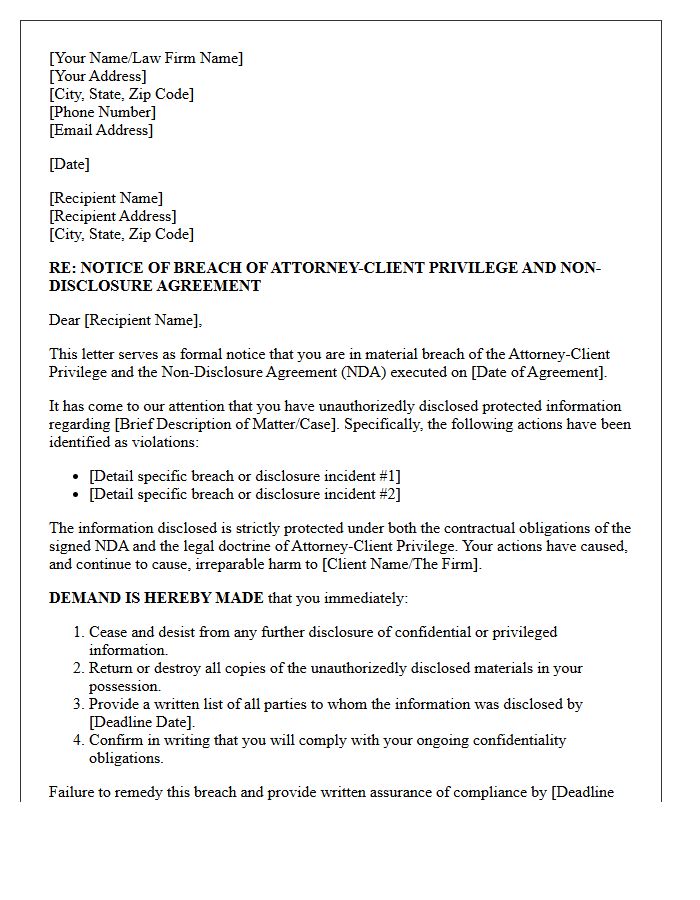 Breach of Attorney-Client Privilege and Non-Disclosure Agreement Demand Letter