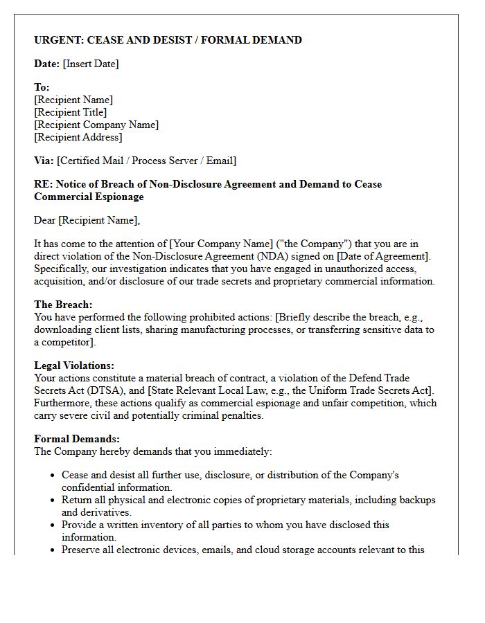 Commercial Espionage and Non-Disclosure Agreement Breach Demand Letter