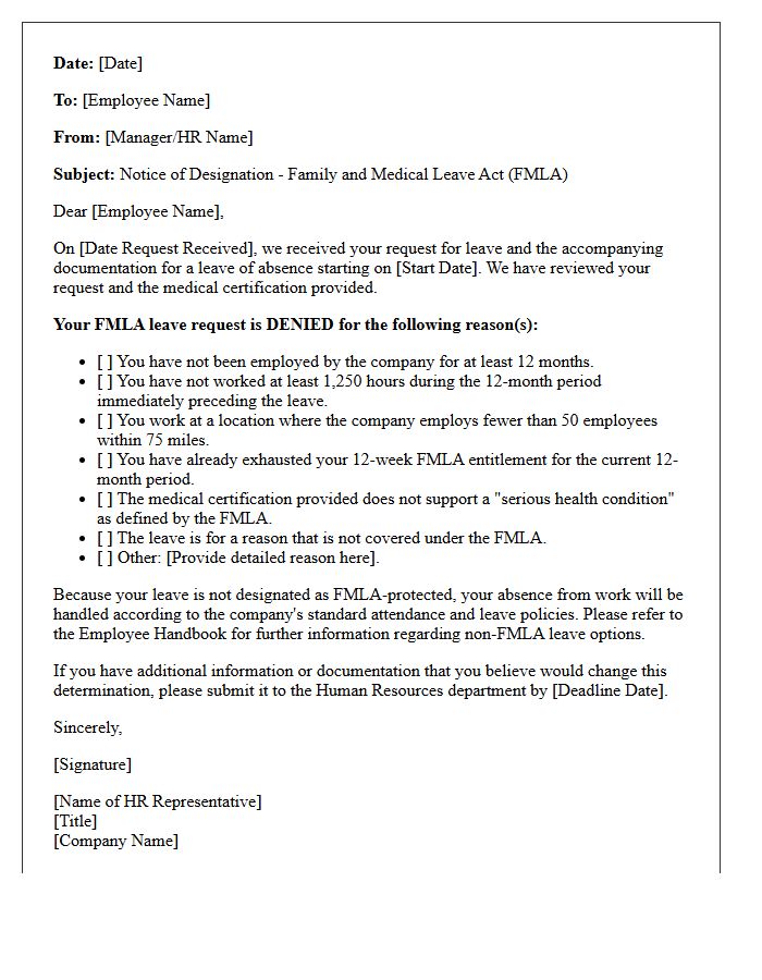 Denied Family Medical Leave Designation Notice Letter