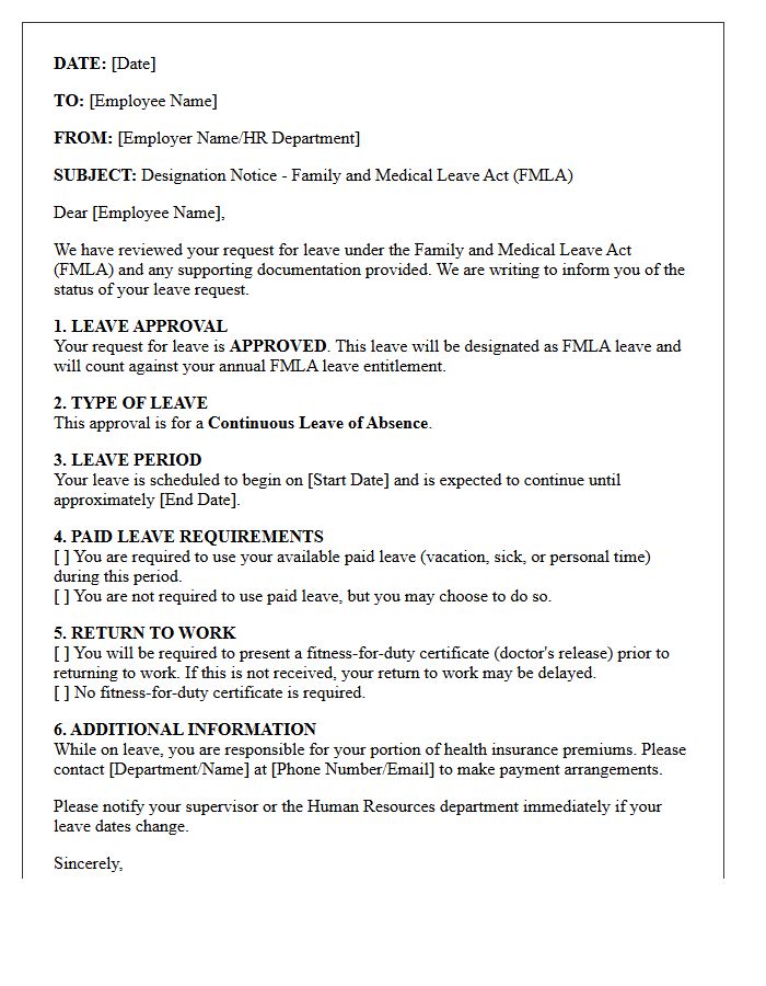 Continuous Family Medical Leave Designation Notice Letter