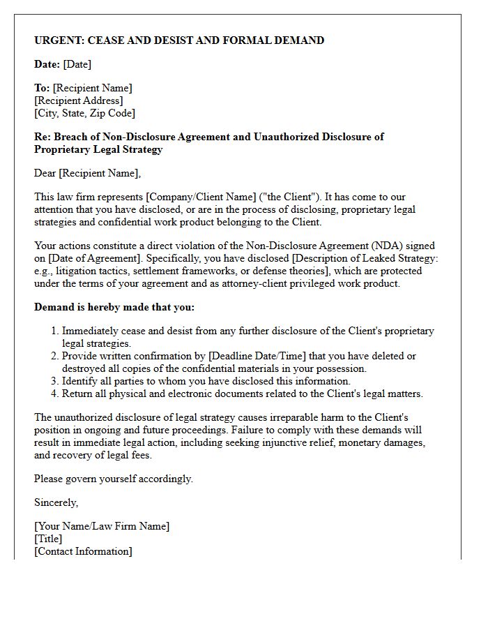 Proprietary Legal Strategy Leak Non-Disclosure Agreement Demand Letter