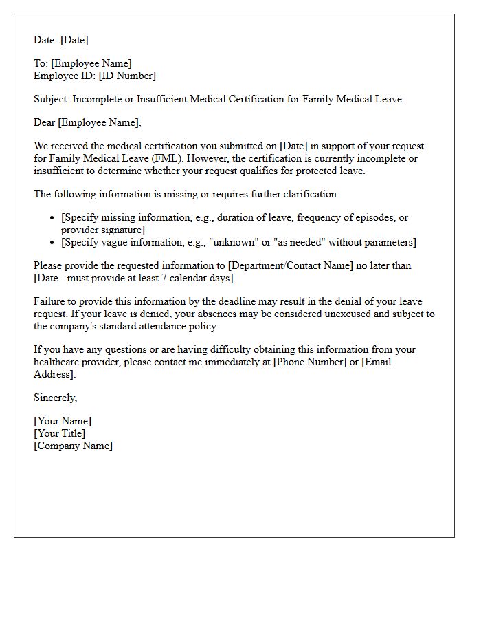 Incomplete Certification Family Medical Leave Designation Notice Letter