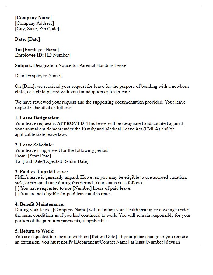 Parental Bonding Family Medical Leave Designation Notice Letter