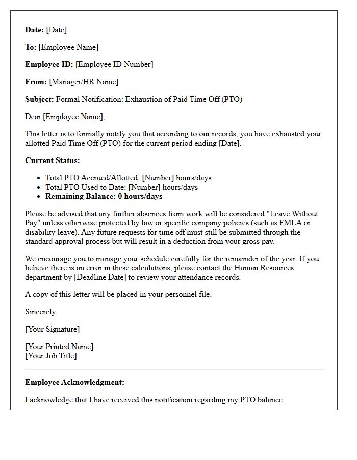 Paid Time Off Exhaustion Warning Letter