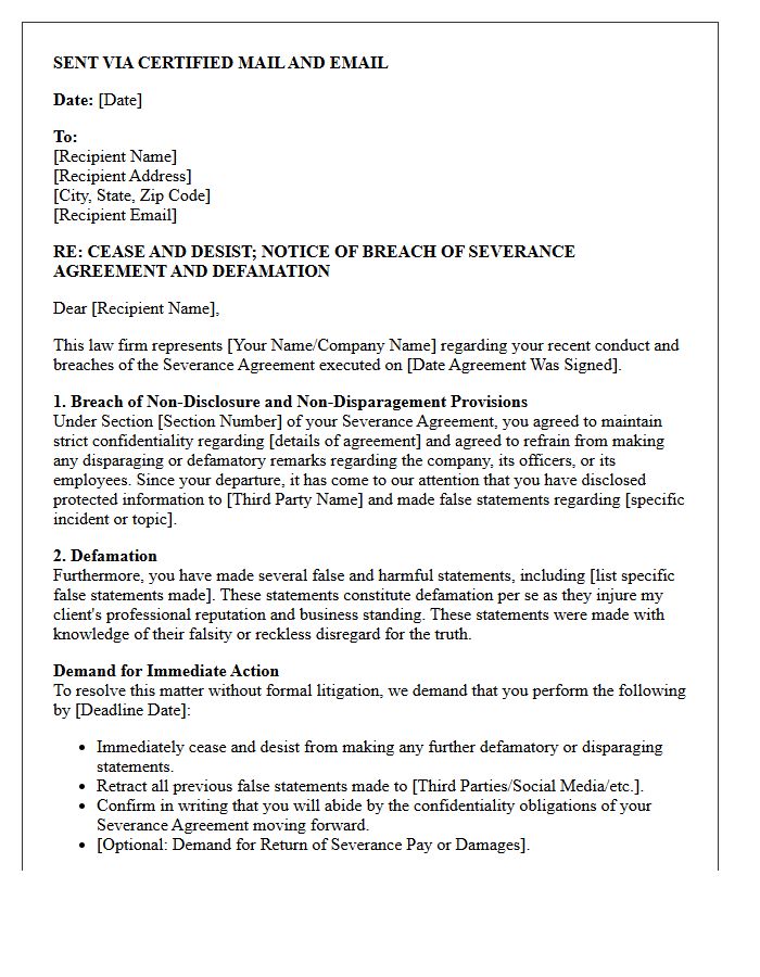 Defamation and Breach of Severance Non-Disclosure Agreement Demand Letter