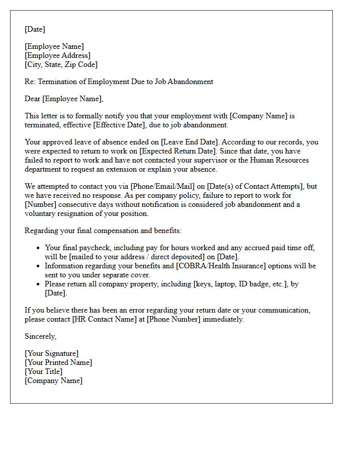 Job Abandonment Post-Leave Termination Letter