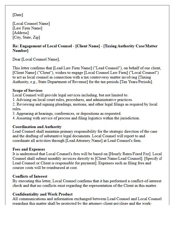 Tax Controversy Local Counsel Engagement Letter