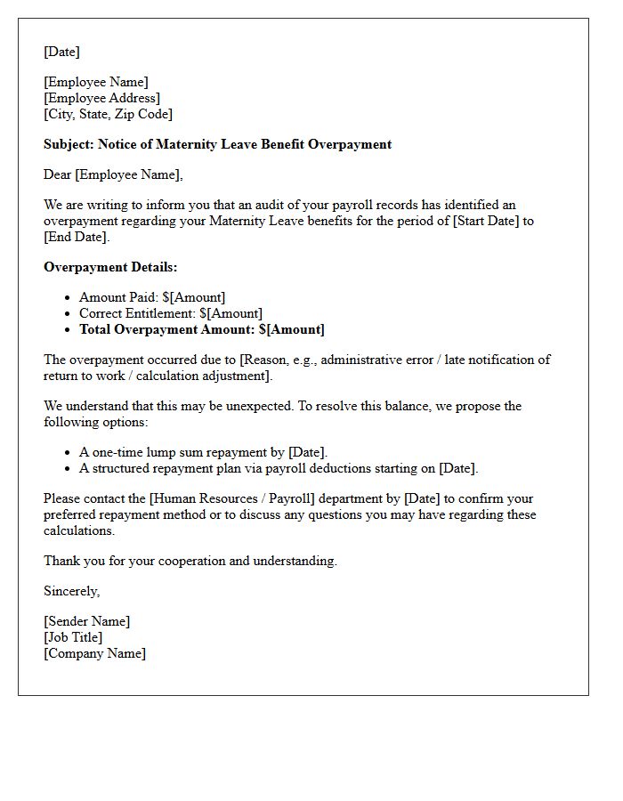 Maternity Leave Benefit Overpayment Notice Letter