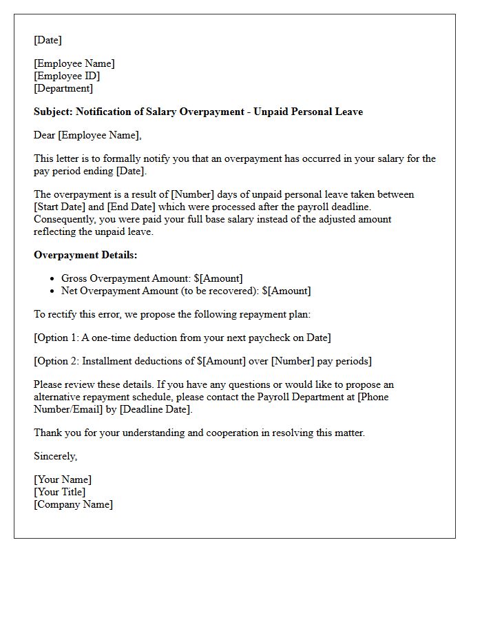 Unpaid Personal Leave Salary Overpayment Notification Letter