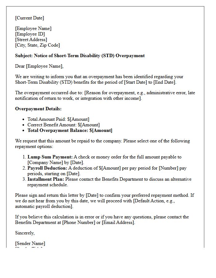 Short-Term Disability Overpayment Repayment Letter