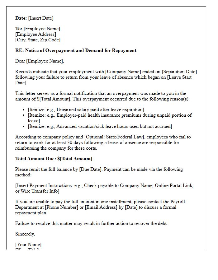 Failure to Return From Leave Overpayment Demand Letter