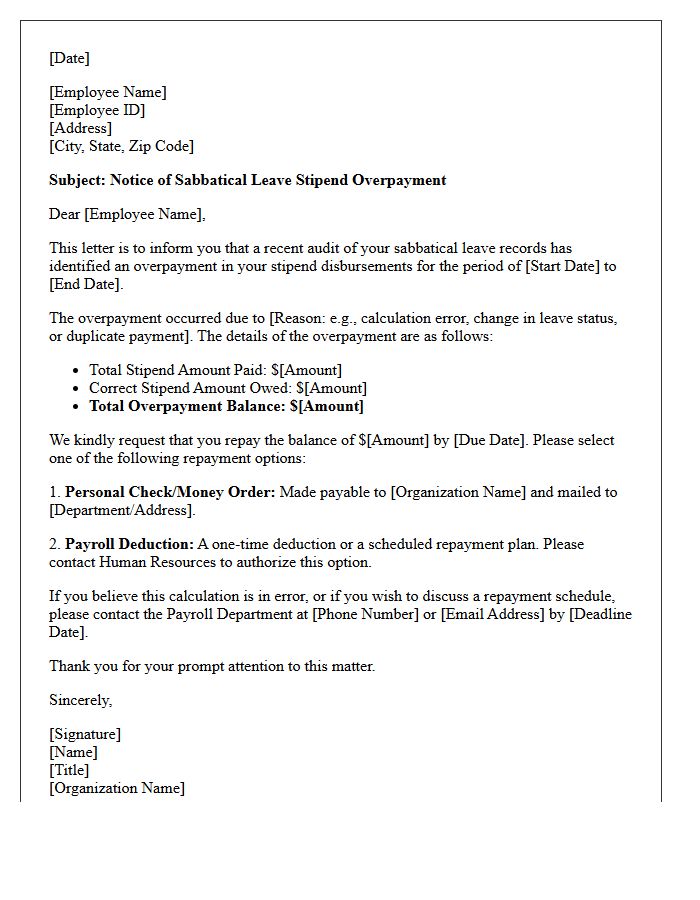 Sabbatical Leave Stipend Overpayment Collection Letter