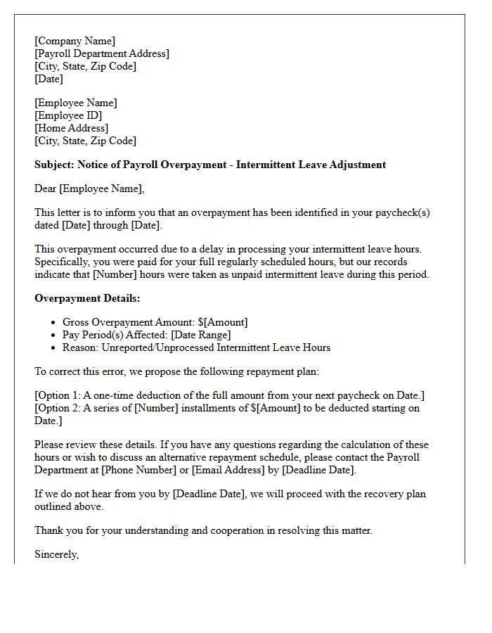Intermittent Leave Payroll Overpayment Correction Letter