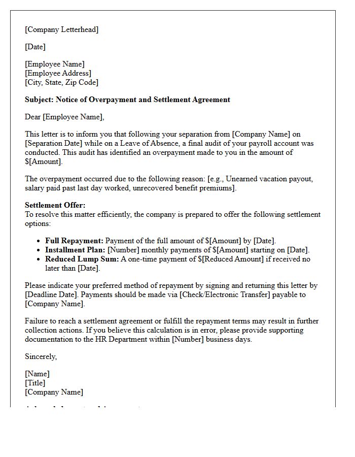 Leave of Absence Separation Overpayment Settlement Letter