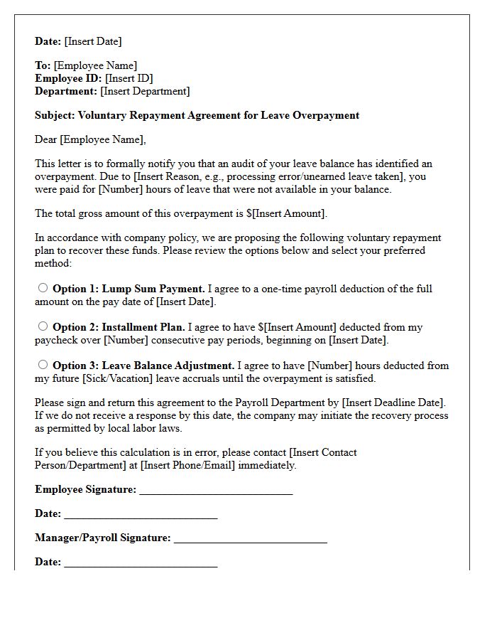 Voluntary Repayment Agreement for Leave Overpayment Letter