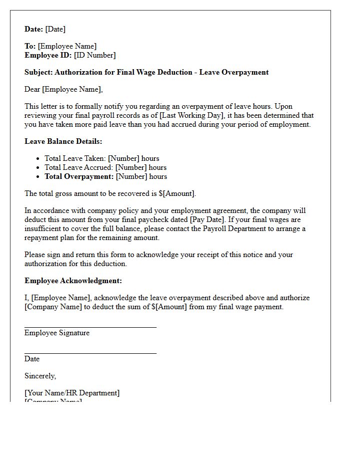 Final Wage Deduction for Leave Overpayment Authorization Letter