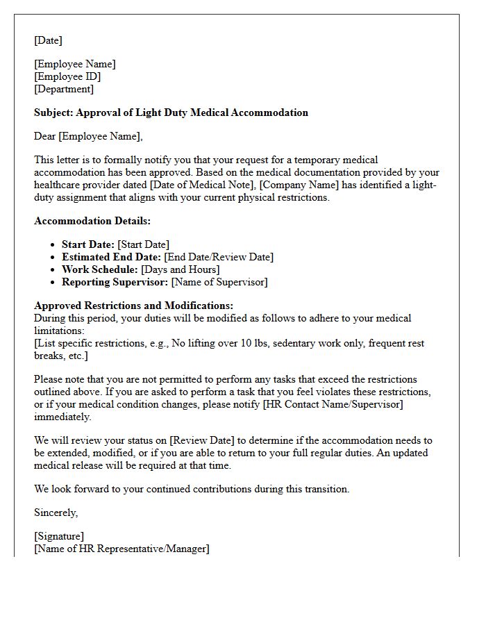 Light Duty Medical Accommodation Approval Letter