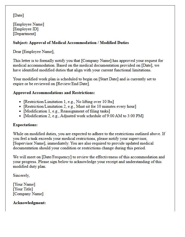 Modified Duties Medical Accommodation Approval Letter