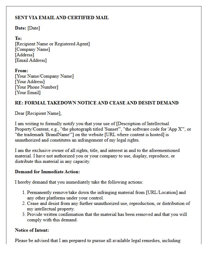 Formal Takedown and Cease Demand Letter
