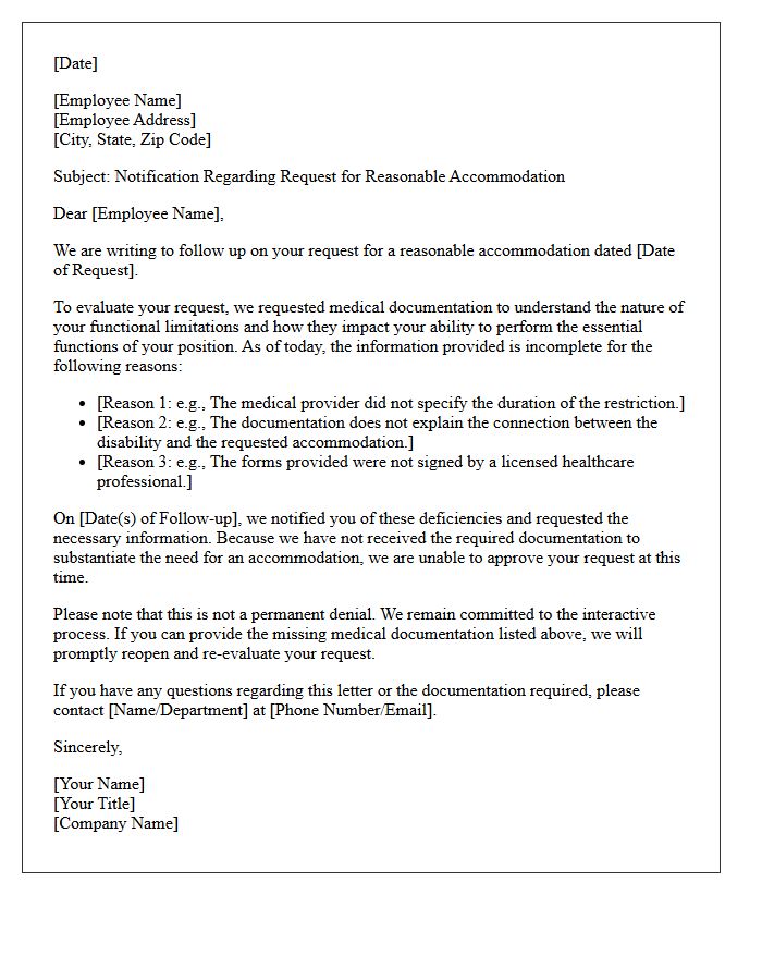 Incomplete Medical Documentation Accommodation Denial Letter